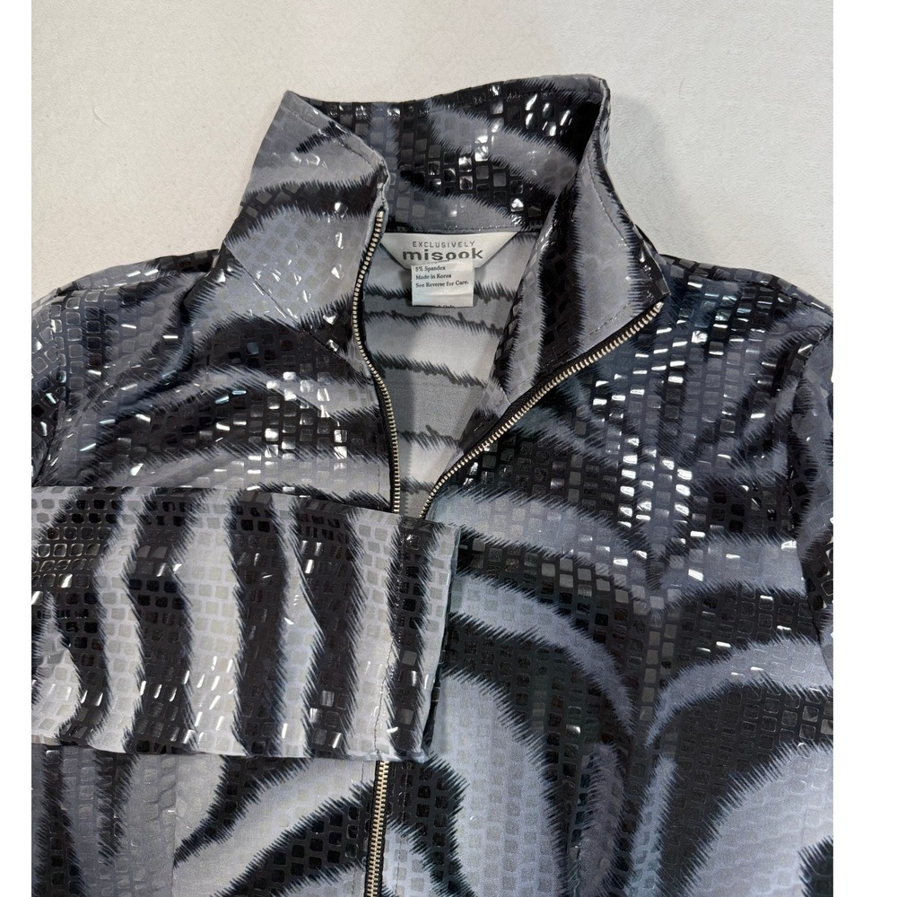 Misook Womens S Grey Black Animal Print Full Zip Mock Neck Jacket Metallic
